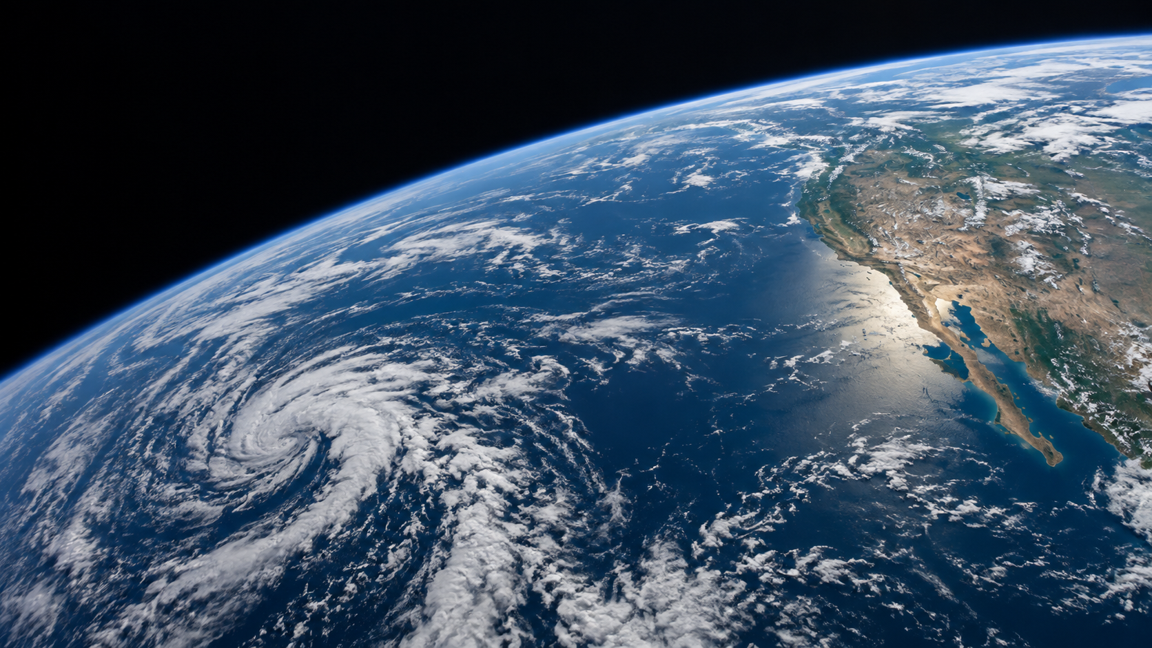 Generated photographic-style view of Earth's curved horizon, ocean and cloud systems from orbit