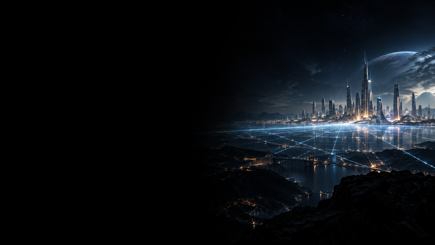 An imagined connected city on a distant horizon