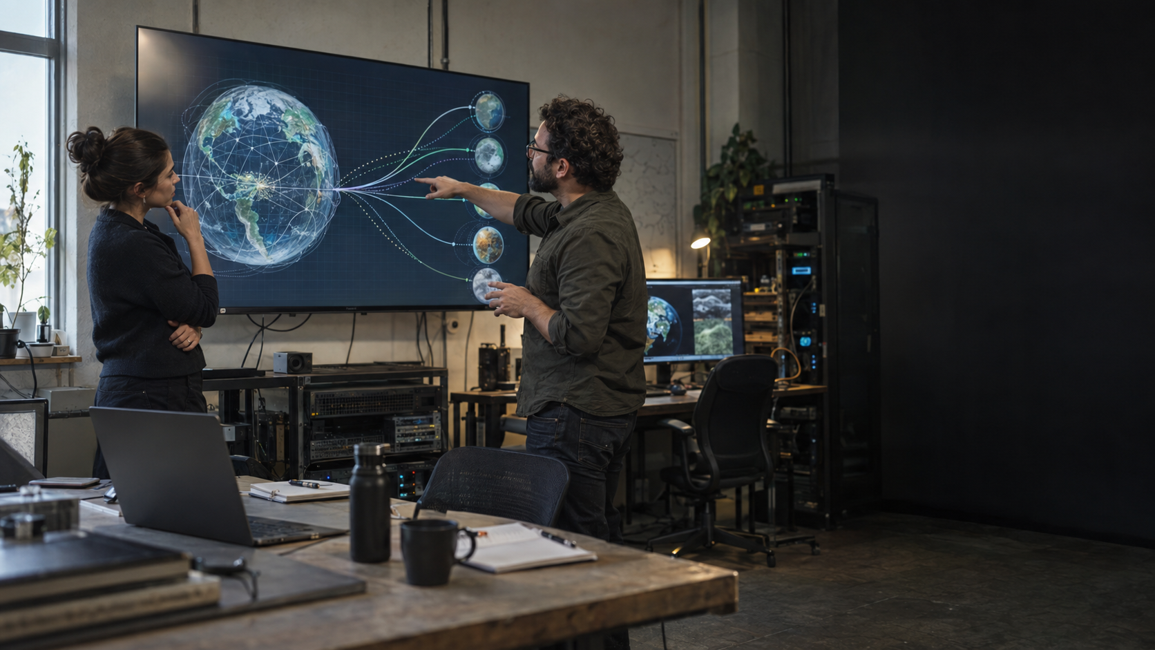 Generated documentary-style scene of two researchers studying a world-simulation model in a working lab