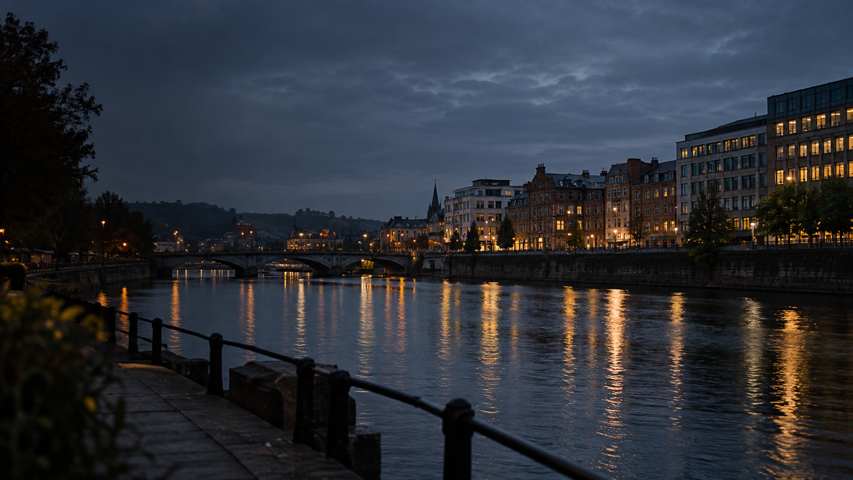 Photographic-style illustration of a present-day riverside city at dusk