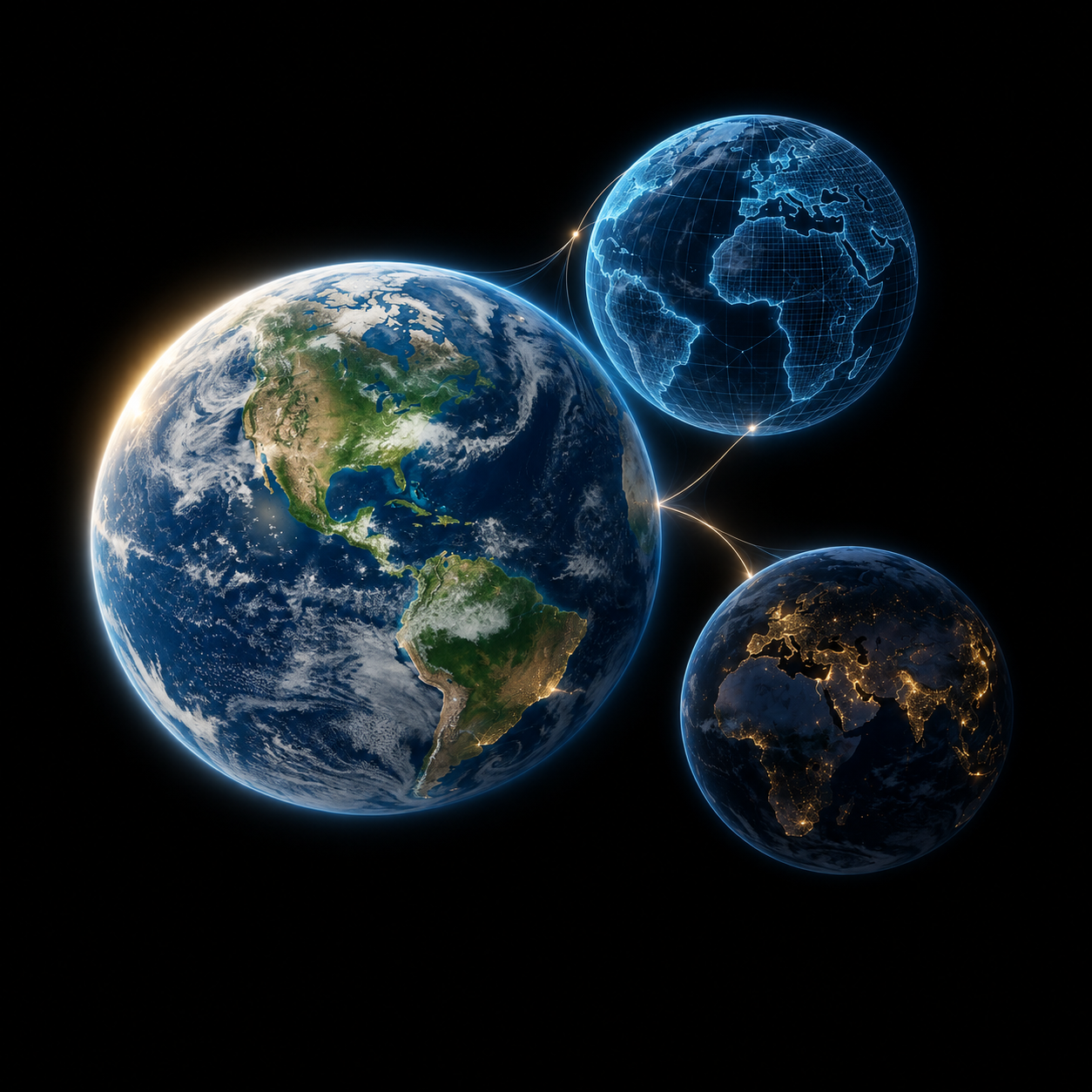 Concept illustration of three connected possible worlds