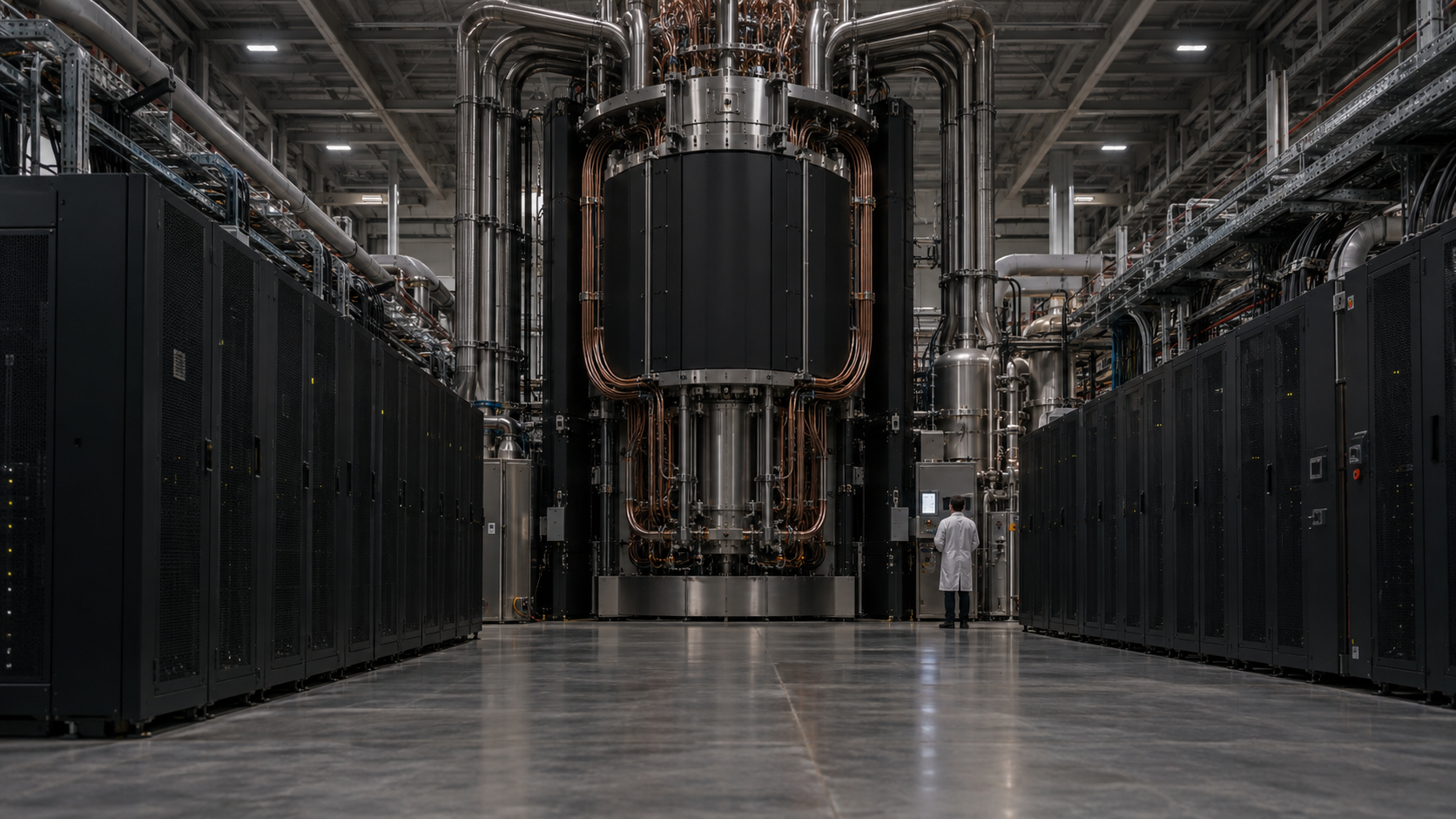 Generated concept of a large world-simulation supercomputer with industrial cooling equipment
