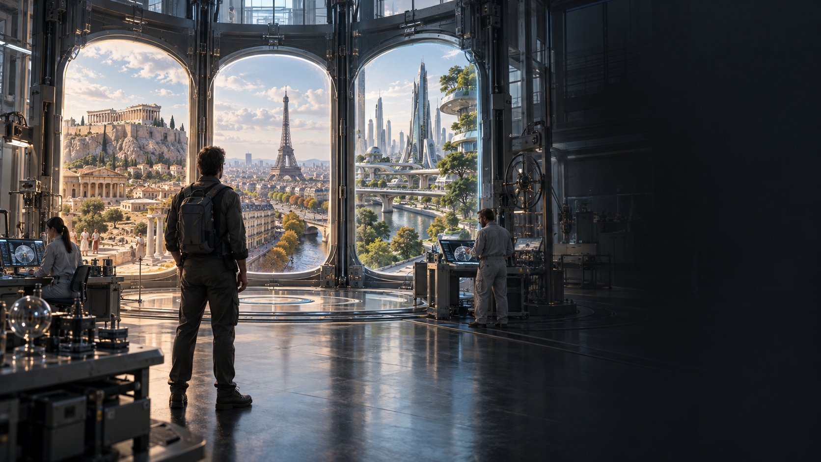 Generated cinematic scene of a traveler in a time-simulation lab facing ancient Athens, present-day Paris and a future city
